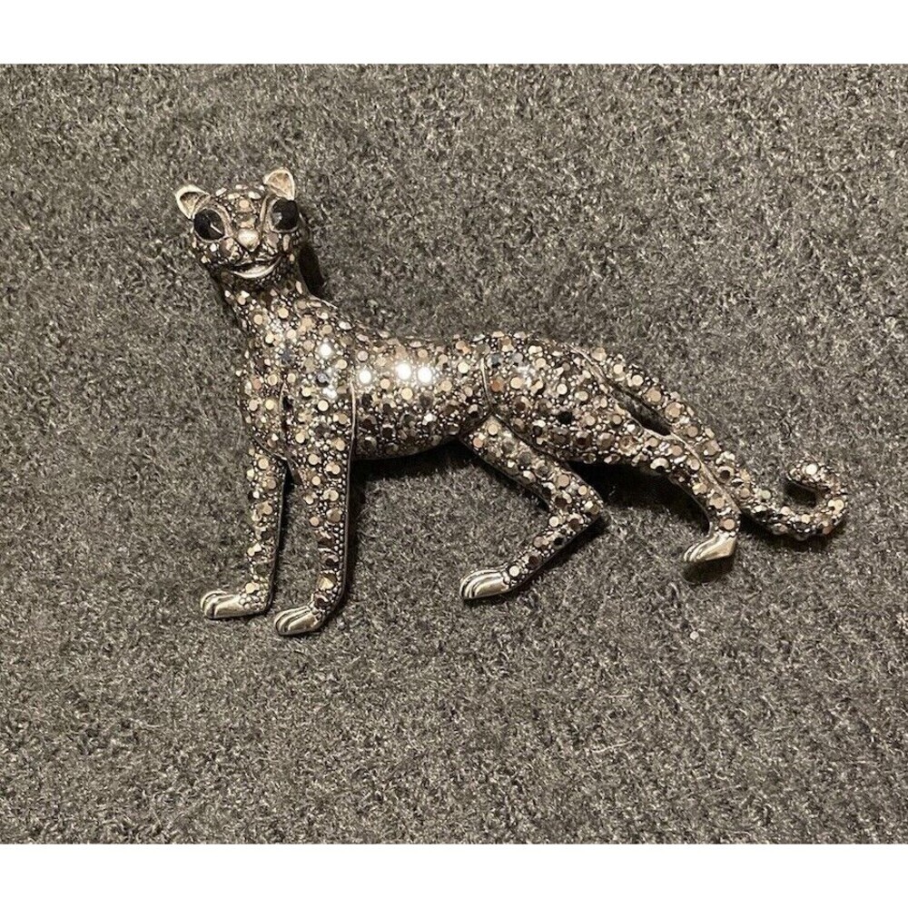 Vintage Large Marcasite Silver Tone Jaguar Panther Cat Brooch Pin 3”